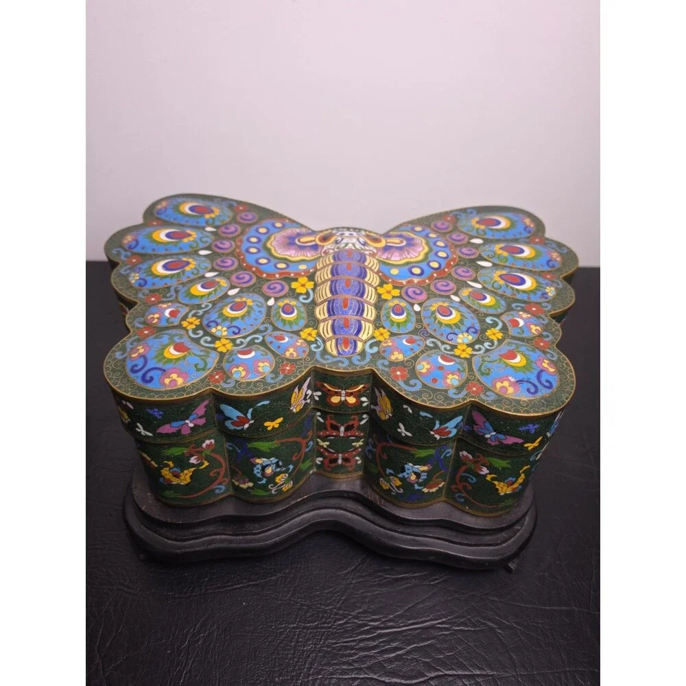 Large Vintage Chinese Cloisonne Butterfly Presentation Box Enamel over Brass 15